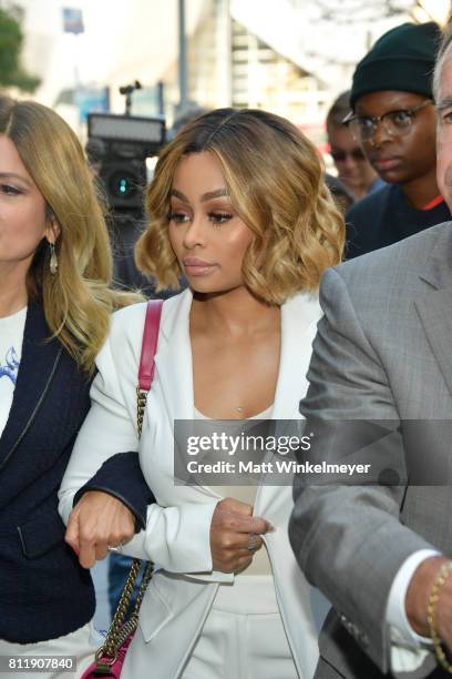 Lisa Bloom holds a pre-court hearing press conference with her client Blac Chyna at Los Angeles Superior Court on July 10, 2017 in Los Angeles,...