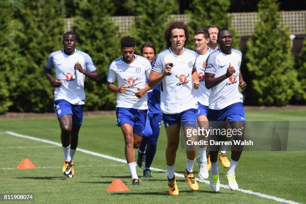 Kurt Zouma, Jake Clarke-Salter, Kenneth Omeruo, Andreas Christensen and David Luiz of Chelsea during a training session at Chelsea Training Ground on...