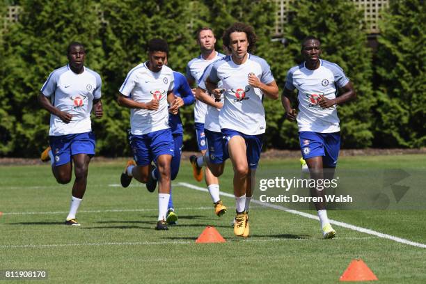Kurt Zouma, Jake Clarke-Salter, Kenneth Omeruo and David Luiz of Chelsea during a training session at Chelsea Training Ground on July 10, 2017 in...