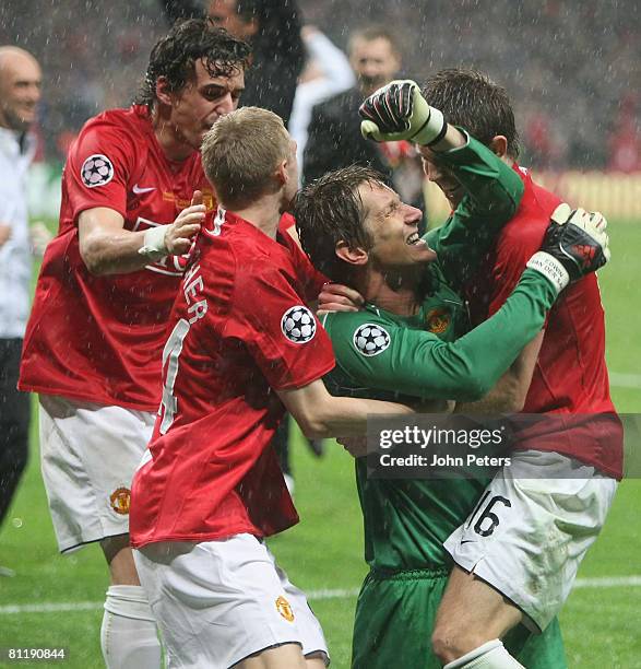 Edwin van der Sar of Manchester United celebrates after winning the UEFA Champions League Final match between Manchester United and Chelsea at...