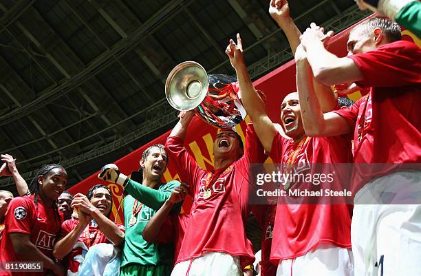 Cristiano Ronaldo of Manchester United lifts the trophy after the UEFA Champions League Final match between Manchester United and Chelsea at the...