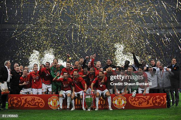 Manchester United celebrate following their team's 6-5 victory in the penalty shootout during the UEFA Champions League Final match between...