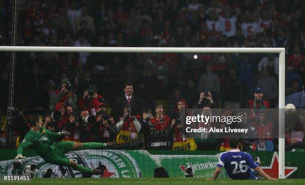 John Terry of Chelsea misses a penalty during the UEFA Champions League Final match between Manchester United and Chelsea at the Luzhniki Stadium on...