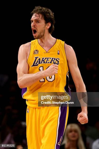 Pau Gasol of the Los Angeles Lakers celebrates a play in the first half against the San Antonio Spurs in Game One of the Western Conference Finals...