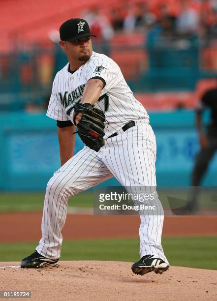 Starting pitcher Ricky Nolasco of the Florida Marlins throws against the Arizona Diamondbacks at Dolphin Stadium on May 21, 2008 in Miami, Florida.