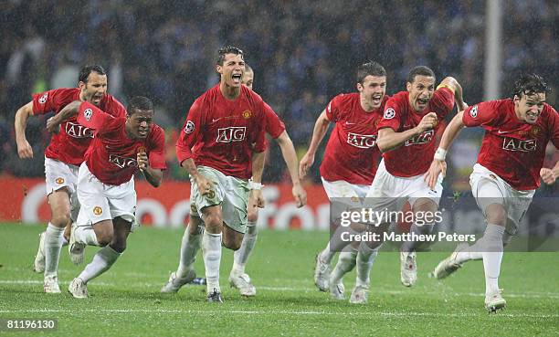 Ryan Giggs, Cristiano Ronaldo, Michael Carrick and Owen Hargreaves of Manchester United celebrate after the penalty shoot-out, winning the UEFA...