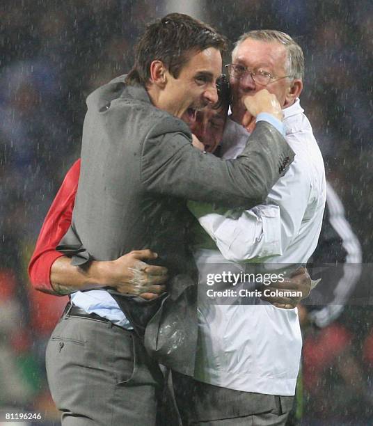 Gary Neville and Sir Alex Ferguson of Manchester United celebrate after winning the UEFA Champions League Final match between Manchester United and...
