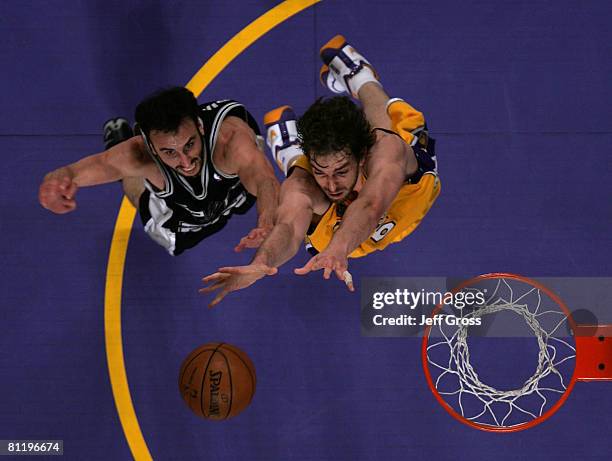 Manu Ginobili of the San Antonio Spurs and Pau Gasol of the Los Angeles Lakers go after a rebound in Game One of the Western Conference Finals during...