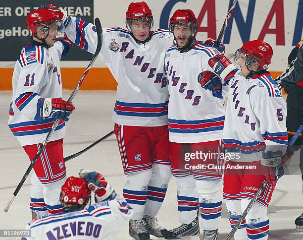 Nick Spaling, Mikkel Boedker, Matt Halischuk, Yannick Weber and Justin Azevedo fof the Kitchner Rangers celebrate Boedker's goal against the...