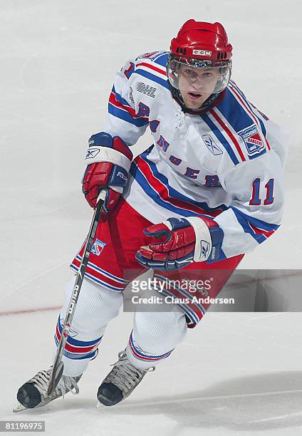 Nick Spaling of the Kitchener Rangers skates against the Belleville Bulls in a Memorial Cup round robin game on May 21, 2008 at the Kitchener...