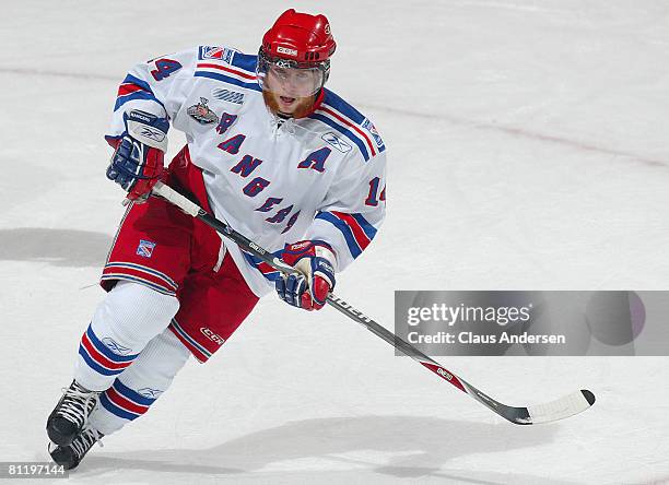 Mike Duco of the Kitchener Rangers skates against the Belleville Bulls in a Memorial Cup round robin game on May 21, 2008 at the Kitchener Memorial...