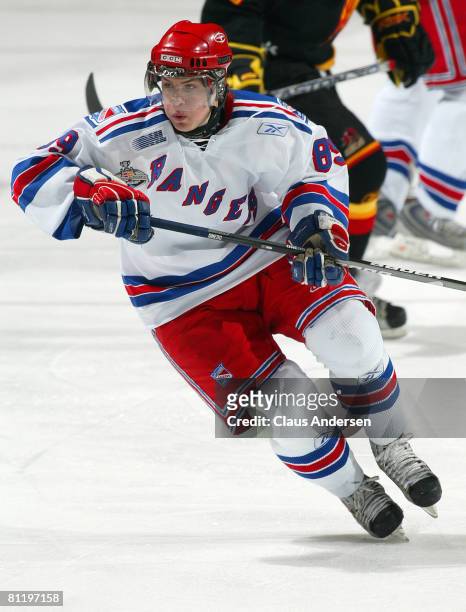 Mikkel Boedker of the Kitchener Rangers skates against the Belleville Bulls in a Memorial Cup round robin game on May 21, 2008 at the Kitchener...