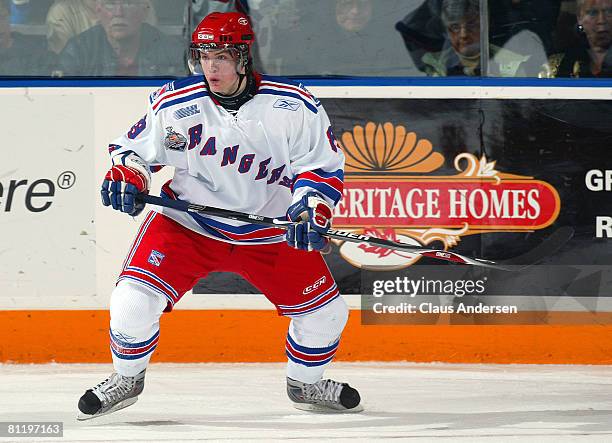 Mikkel Boedker of the Kitchener Rangers skates against the Belleville Bulls in a Memorial Cup round robin game on May 21, 2008 at the Kitchener...