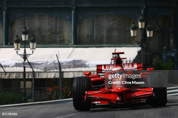 Kimi Raikkonen of Finland and Ferrari exits Casino Square while driving during practice for the Monaco Formula One Grand Prix at the Monte Carlo...