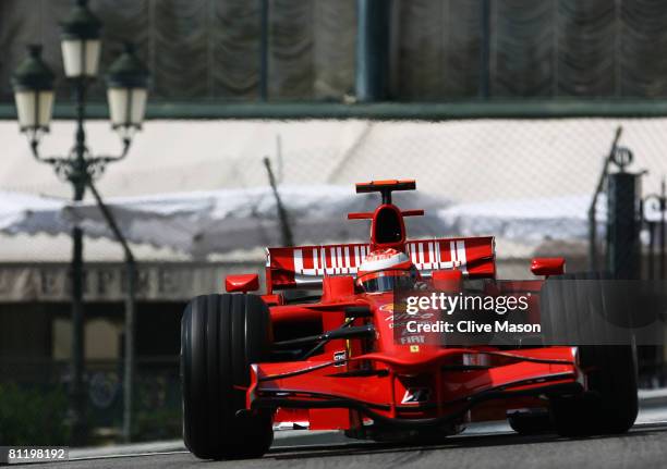 Kimi Raikkonen of Finland and Ferrari exits Casino Square while driving during practice for the Monaco Formula One Grand Prix at the Monte Carlo...