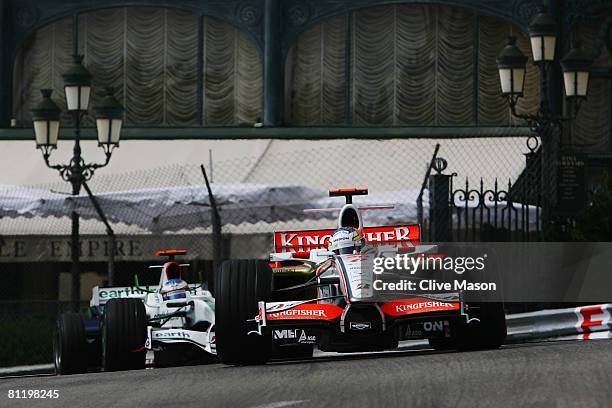 Adrian Sutil of Germany and Force India exits Casino Square while driving during practice for the Monaco Formula One Grand Prix at the Monte Carlo...