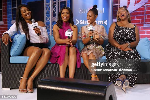 The cast of the movie Girls Trip, Tiffany Haddish, Regina Hall, Jada Pinkett Smith and Queen Latifah speak during the Essence Music Festival at the...