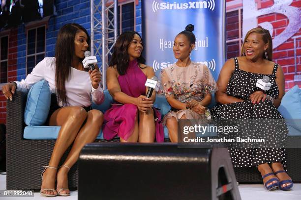 The cast of the movie Girls Trip, Tiffany Haddish, Regina Hall, Jada Pinkett Smith and Queen Latifah speak during the Essence Music Festival at the...