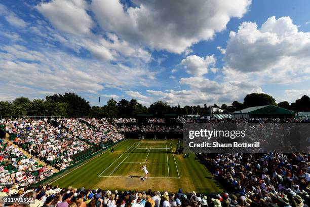 General view of play on court 2 during the Gentlemen's Singles fourth round match between Milos Raonic of Canada and Alexander Zverev of Germany on...