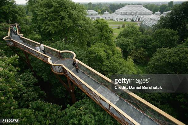 People walk along the Xstrata Treetop Walkway at Kew Gardens on May 22, 2008 in London, England. The 18m high Xstrata Treetop Walkway and the...