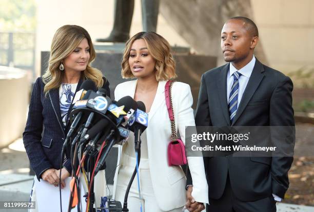 Lisa Bloom, Blac Chyna and Walter Mosley speak during a pre-court hearing press conference at Los Angeles Superior Court on July 10, 2017 in Los...