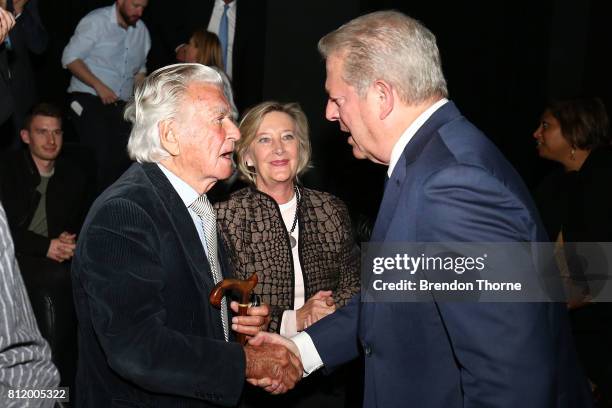 Al Gore shakes hands with Bob Hawke following a special screening of "An Inconvenient Sequel: Truth to Power" at Event Cinemas Bondi Junction on July...