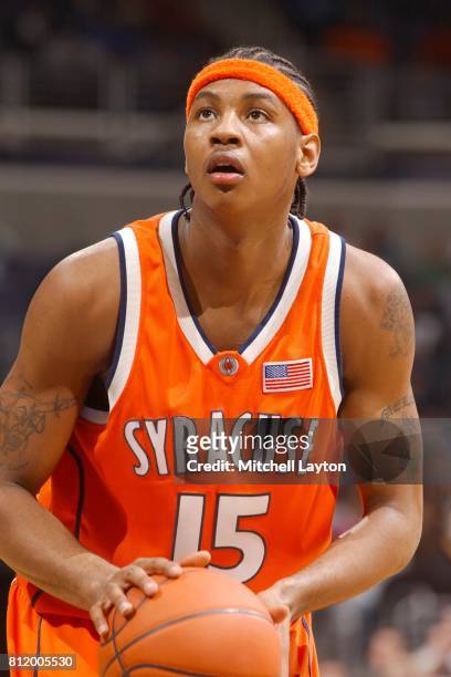 Carmelo Anthony of the Syracuse Orangeman takes a foul shot during a college basketball game against the Georgetown Hoyas at MCI Center on March 1,...