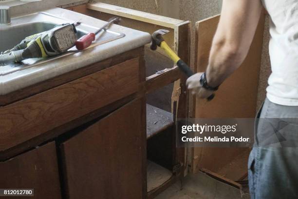 demolishion stage of a kitchen remodel - wood fragments stock pictures, royalty-free photos & images