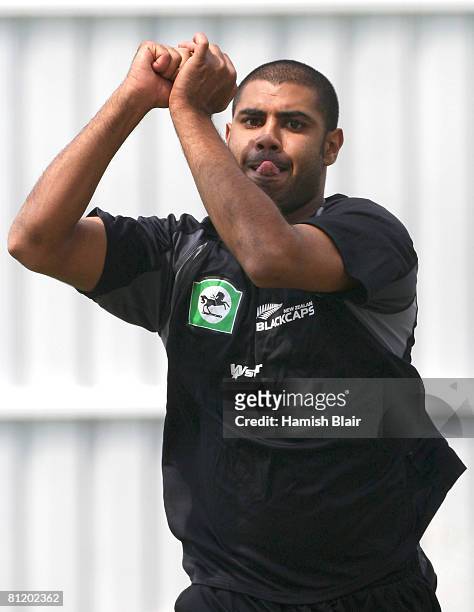 Jeetan Patel of New Zealand in action during training at Old Trafford Cricket Ground ahead of the 2nd Test which starts on Friday on May 22, 2008 in...