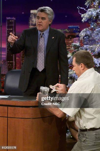 Episode 2188 -- Pictured: Host Jay Leno watching as Reptile Expert Jules Sylvester collects venom from a snake on December 27th 2001 --