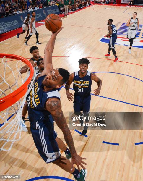 Joel Bolomboy of the Utah Jazz dunks against the Los Angeles Clippers during the 2017 Las Vegas Summer League on July 9, 2017 at the Cox Pavilion in...