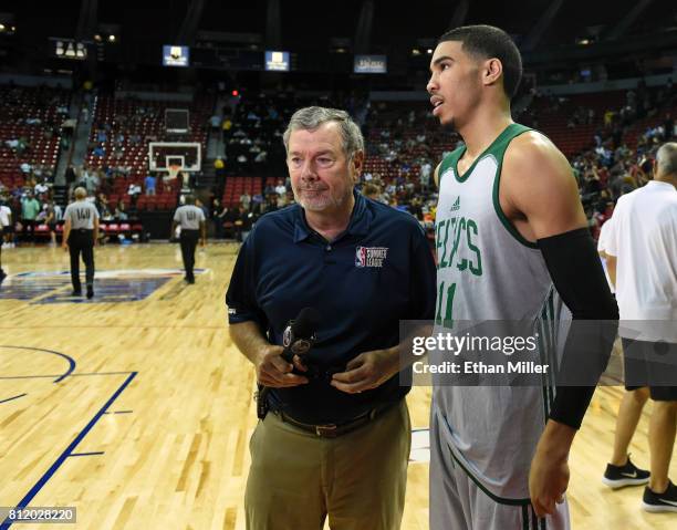 Carlesimo gets ready to interview Jayson Tatum of the Boston Celtics after the team's 70-64 win over the Portland Trail Blazers in a 2017 Summer...