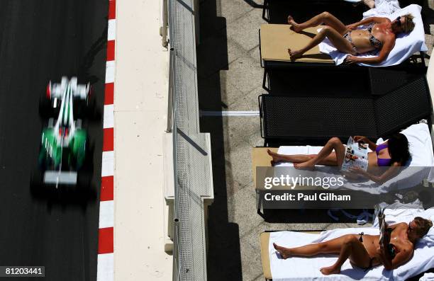 Jenson Button of Great Britain and Honda Racing drives by during practice for the Monaco Formula One Grand Prix at the Monte Carlo Circuit on May 22,...