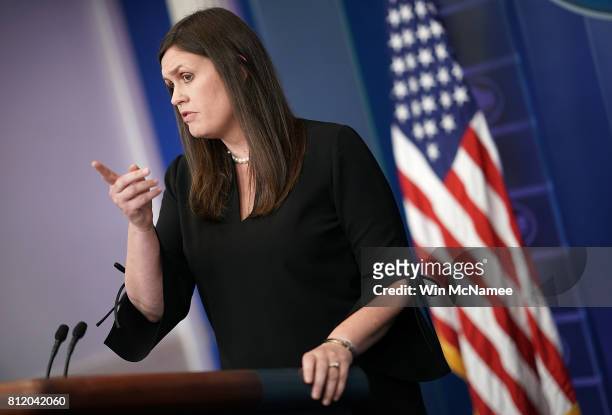 Deputy White House Press Secretary Sarah Huckabee Sanders answers questions during a press briefing at the White House on July 10, 2017 in...