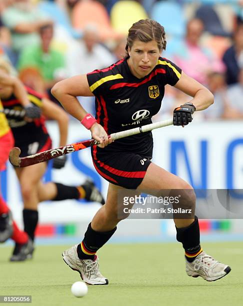 Natascha Keller of Germany runs with the ball during the Samsung Hockey Champions Trophy match between Germany and China on May 22, 2008 in...