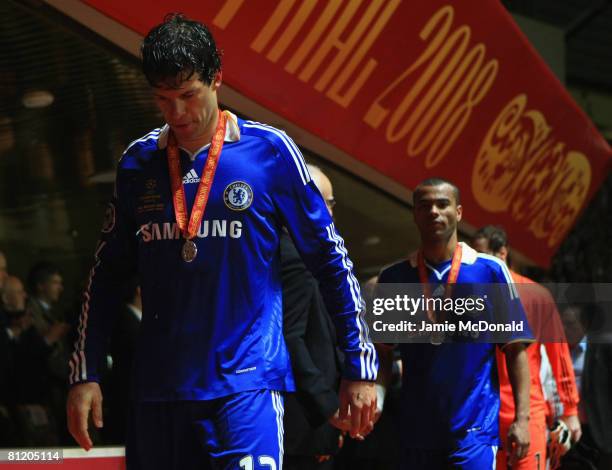 Michael Ballack of Chelsea looks dejected in defeat following the UEFA Champions League Final match between Manchester United and Chelsea at the...