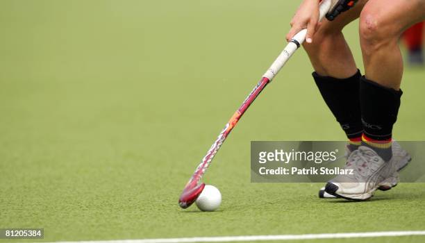 Hockey stick and a ball is seen during the Samsung Hockey Champions Trophy match between Germany and China on May 22, 2008 in Moenchengladbach,...