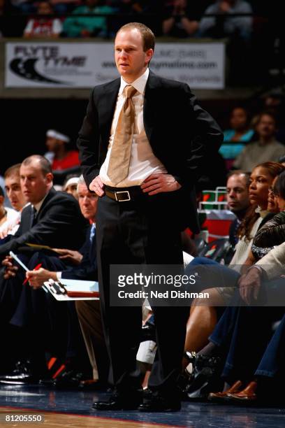Head coach Lawrence Frank of the New Jersey Nets watches the action against the Toronto Raptors during the game on April 5, 2008 at the Izod Center...