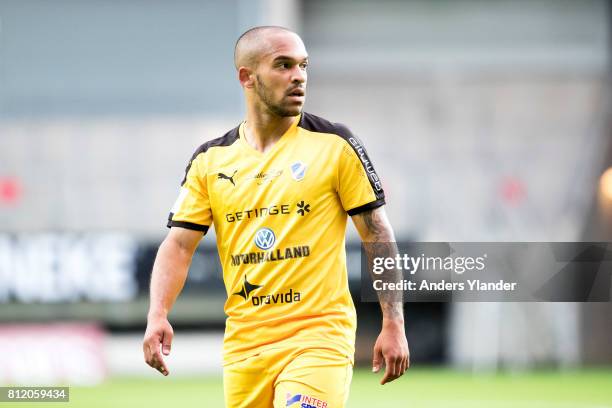 Nikolai Alho of Halmstad BK looks on during the Allsvenskan match between IFK Goteborg and Halmstad BK at Gamla Ullevi on July 10, 2017 in...