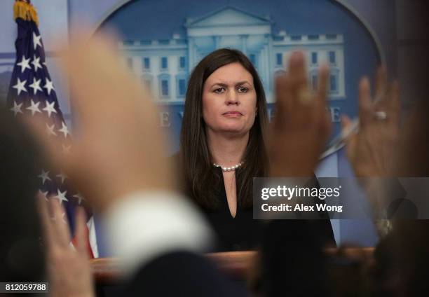 Principal Deputy White House Press Secretary Sarah Huckabee Sanders speaks during a White House daily briefing at the James Brady Press Briefing Room...