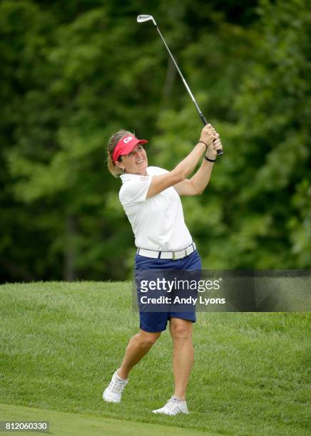 Lorie Kane of Canada hits her second shot on the sixth hole during round one of the Senior LPGA Championship on July 10, 2017 on The Pete Dye Course...
