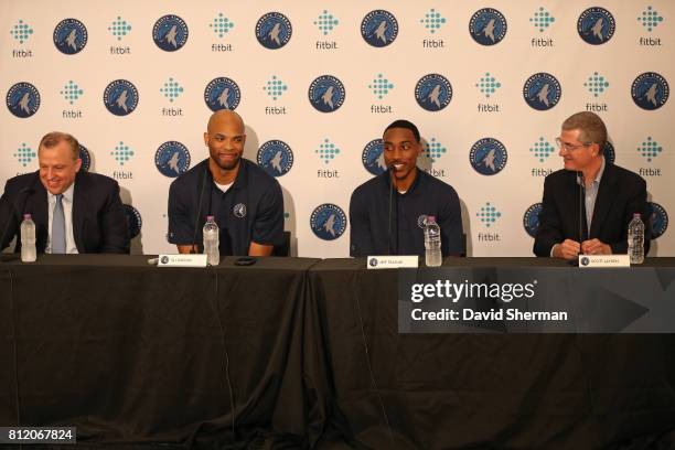 Free Agent signees Jeff Teague and Taj Gibson of the MInnesota Timberwolves are introduced to the media by Tom Thibodeau, President of Basketball...