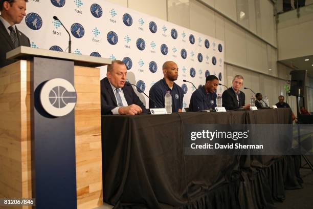 Free Agent signees Jeff Teague and Taj Gibson of the MInnesota Timberwolves are introduced to the media by Tom Thibodeau, President of Basketball...