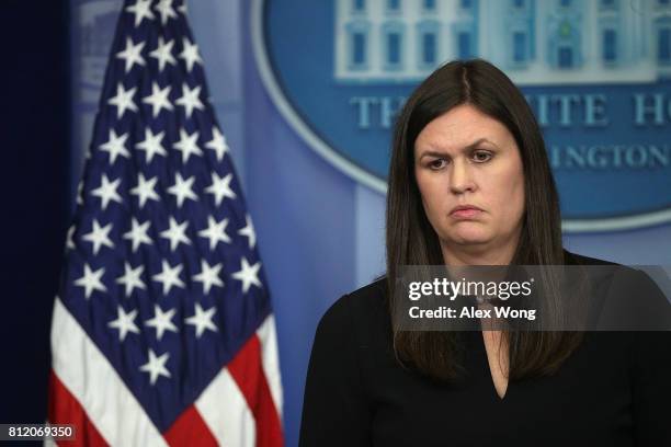 Principal Deputy White House Press Secretary Sarah Huckabee Sanders pauses during a White House daily briefing at the James Brady Press Briefing Room...