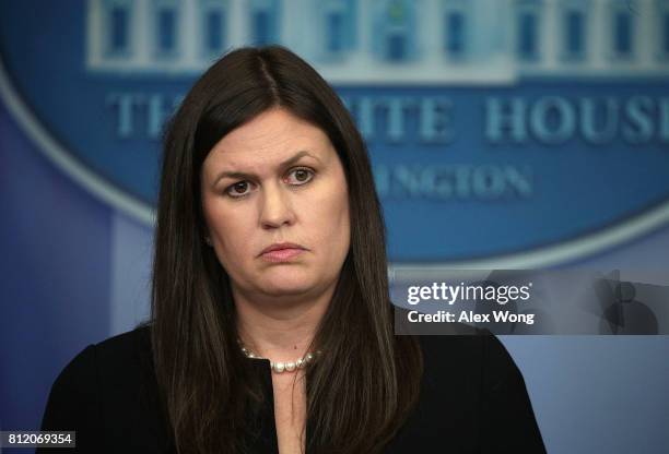 Principal Deputy White House Press Secretary Sarah Huckabee Sanders pauses during a White House daily briefing at the James Brady Press Briefing Room...