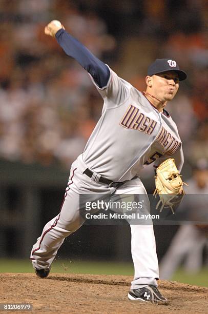 Saul Rivera of the Washington Nationals pitches during a baseball game against the Baltimore Orioles on May 17, 2008 at Camden Yards in Baltimore,...