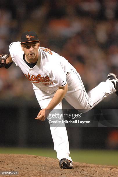George Sherrill of the Baltimore Orioles pitches during a baseball game against the Washington Nationals on May 17, 2008 at Camden Yards in...