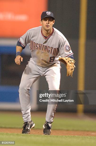 Aaron Boone of the Washington Nationals prepares to field a ground ball during a baseball game against the Baltimore Orioles on May 17, 2008 at...
