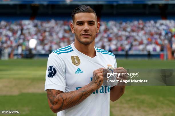 Theo Hernandez of Real Madrid poses during his official presentation at Estadio Santiago Bernabeu on July 10, 2017 in Madrid, Spain.