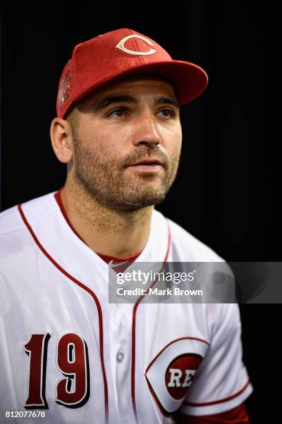 Joey Votto of the Cincinnati Reds and the National League speaks with the media during Gatorade All-Star Workout Day ahead of the 88th MLB All-Star...